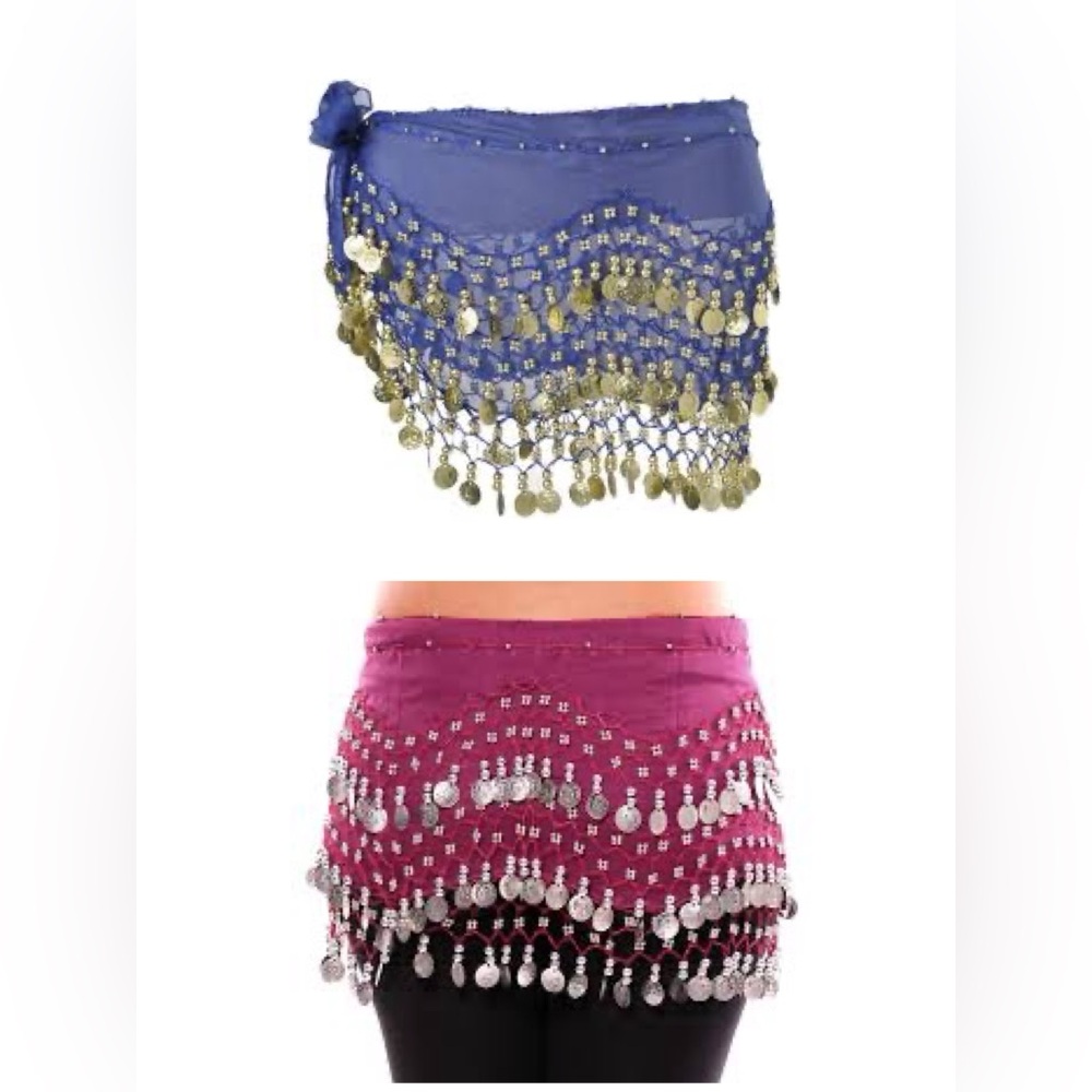 Bellydance -Hip scarves -SET OF 2 colors- Fuschia Purple/silver and Blue/Gold